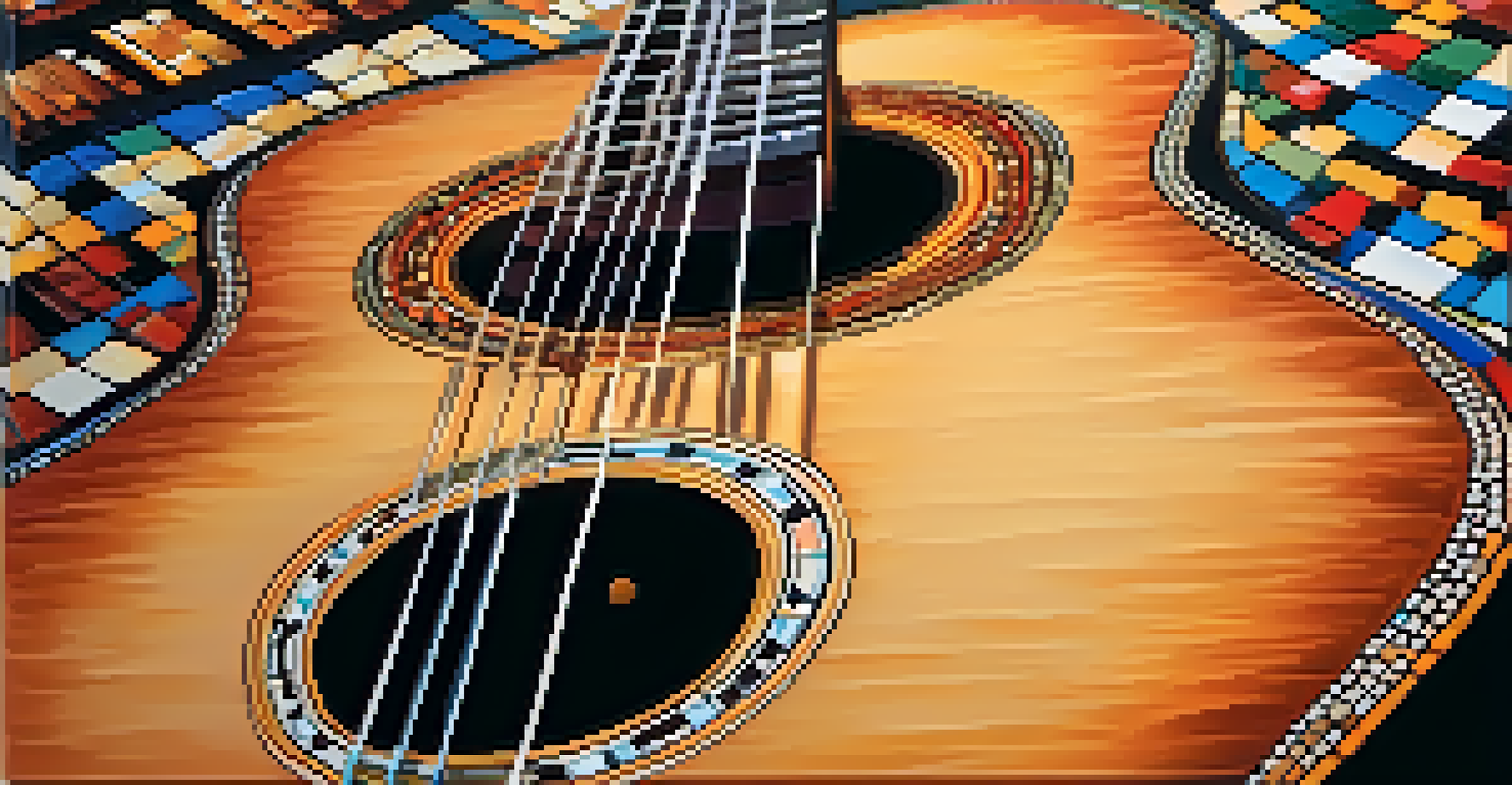 A close-up of a beautifully crafted Flamenco guitar against a colorful mosaic background.