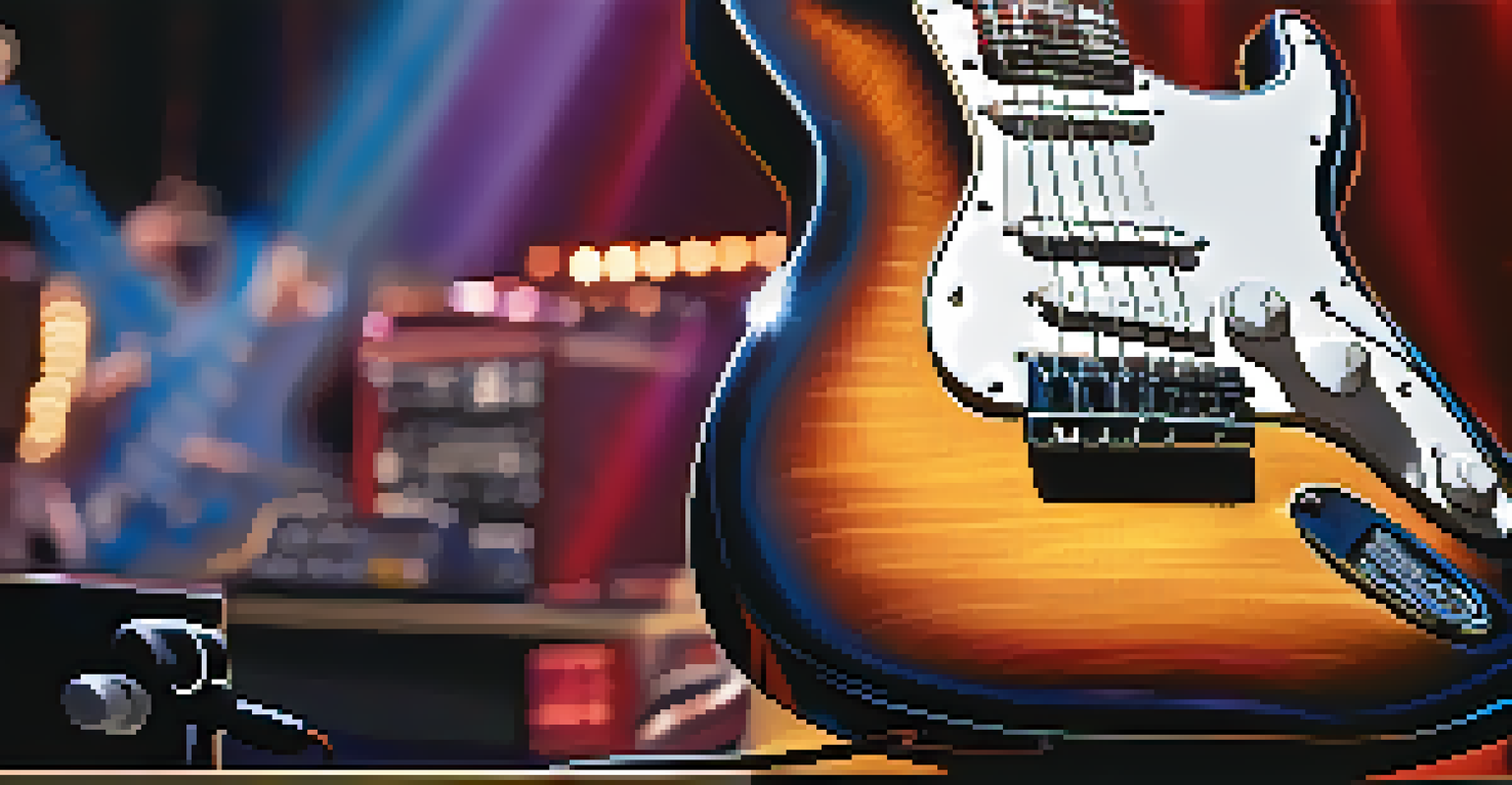 A close-up of an electric guitar on a wooden stage with colorful lights, and a sound engineer adjusting an EQ console in the background.
