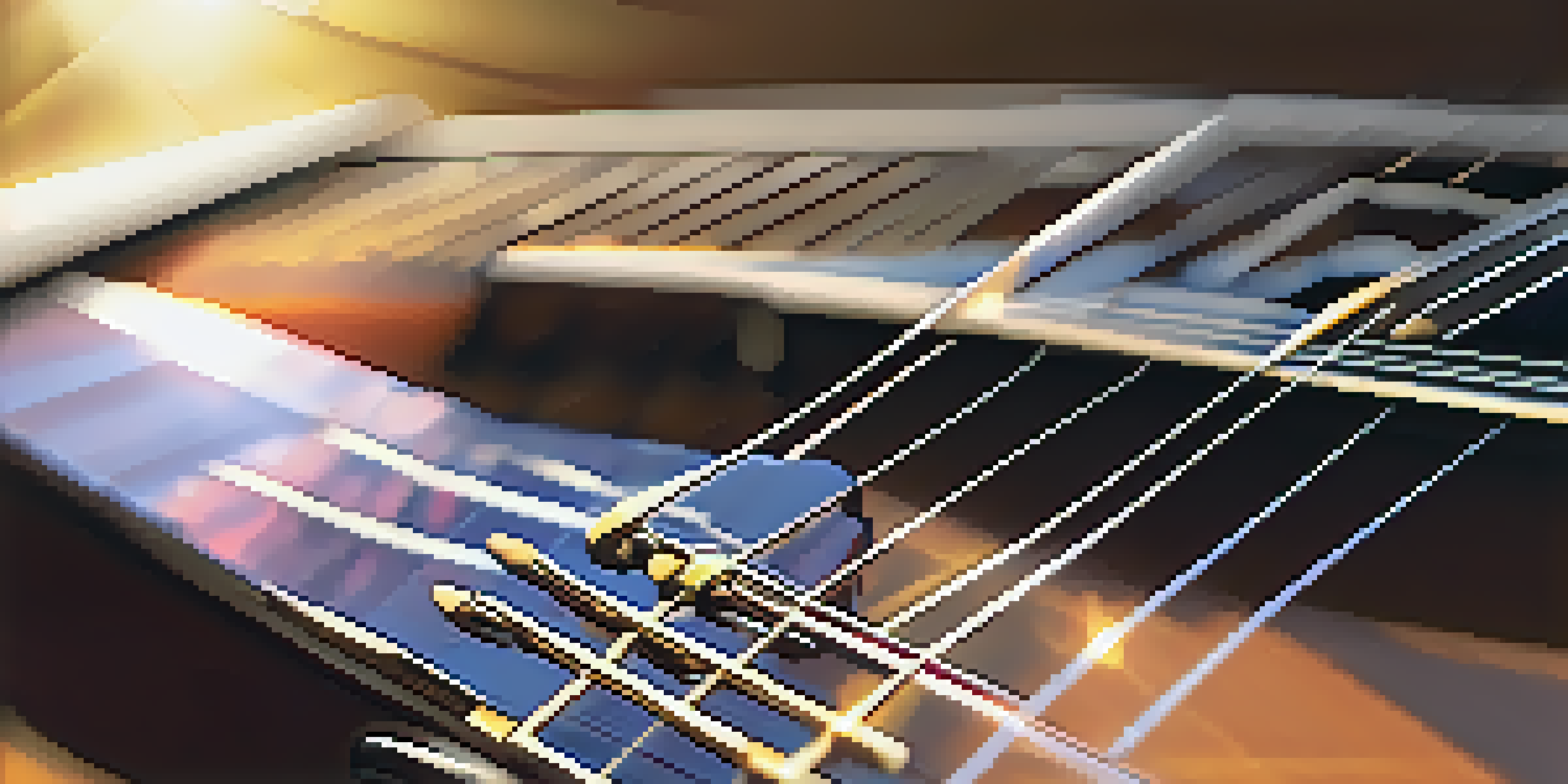A close-up of a guitar fretboard with colorful chord diagrams and sunlight illuminating the scene, with faint musical notes in the background.