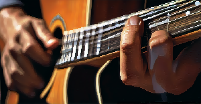 A close-up of a guitarist's hands sweating on the fretboard, with an intense look of concentration, softly blurred background.