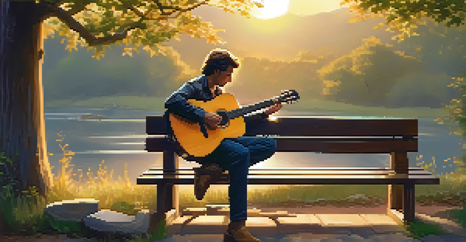 A guitarist sitting on a bench in a natural setting during sunset, playing their guitar with sheet music beside them.