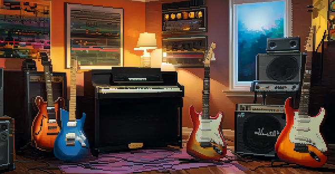 A cozy home studio with an electric guitar, a computer screen showing layered guitar tracks, warm lighting, and colorful soundwave visuals.