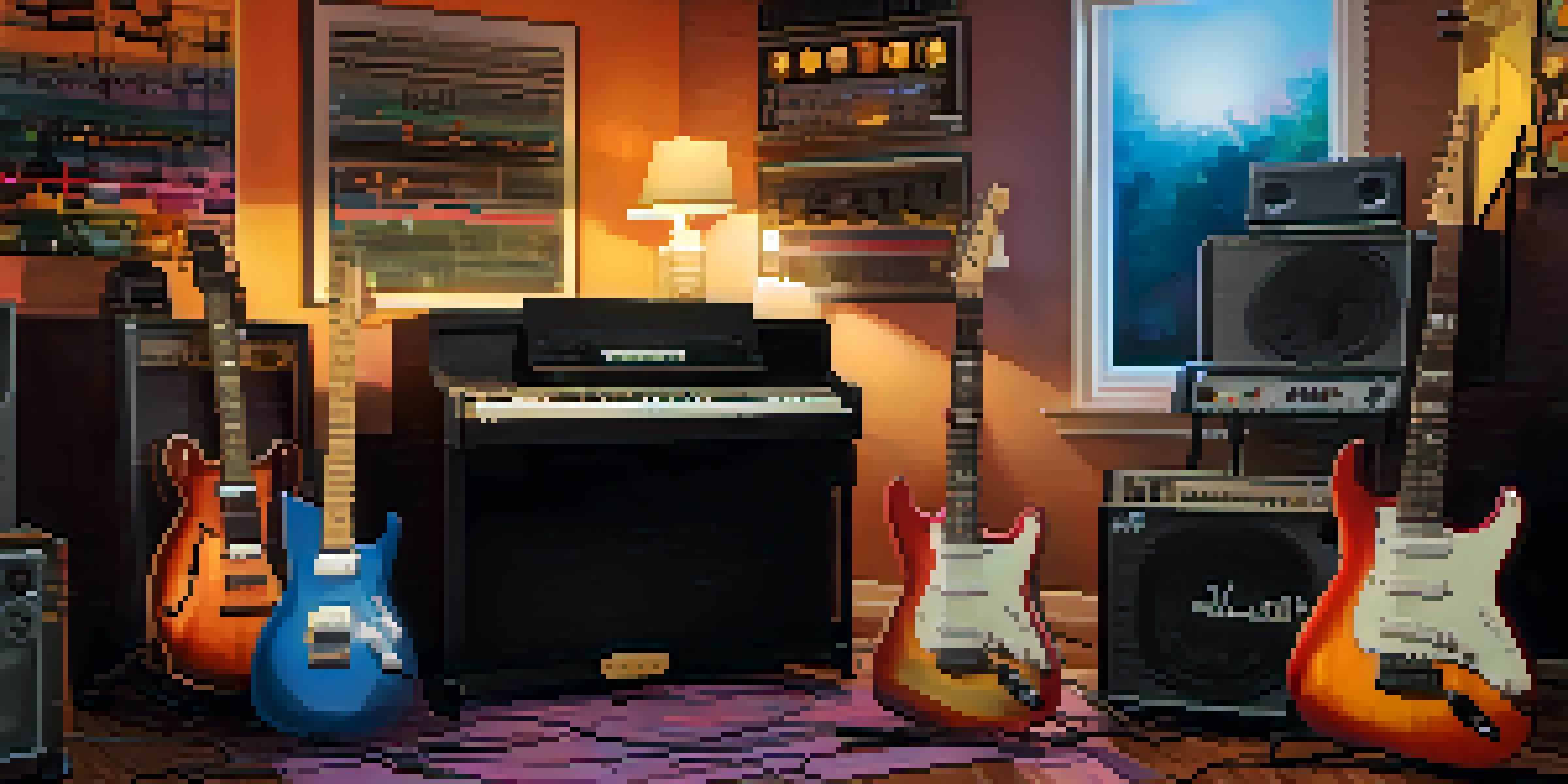A cozy home studio with an electric guitar, a computer screen showing layered guitar tracks, warm lighting, and colorful soundwave visuals.