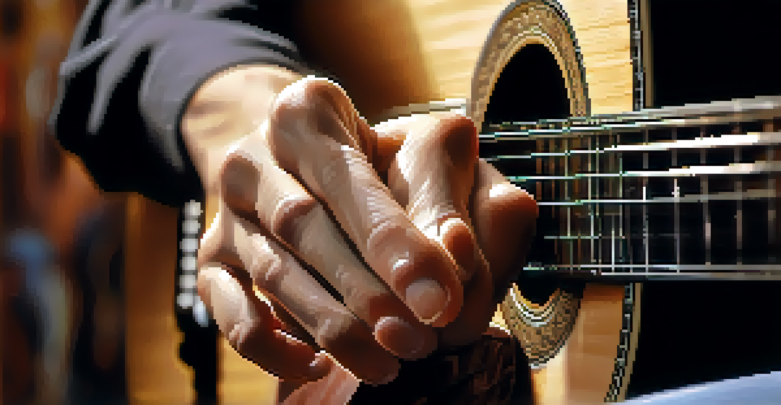 Close-up of a guitarist's hands playing a classical guitar, highlighting the finger placements and the polished wood of the instrument.