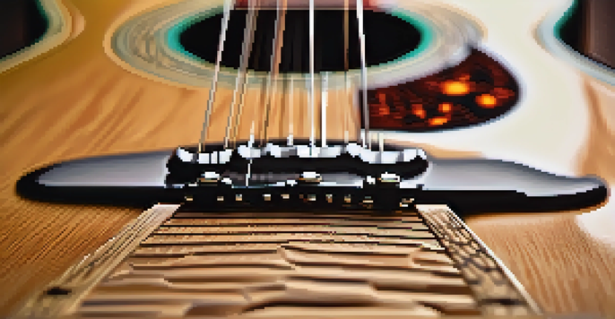 A detailed close-up of a wooden guitar bridge, highlighting its grain and polished surface, with a guitar body blurred in the background.