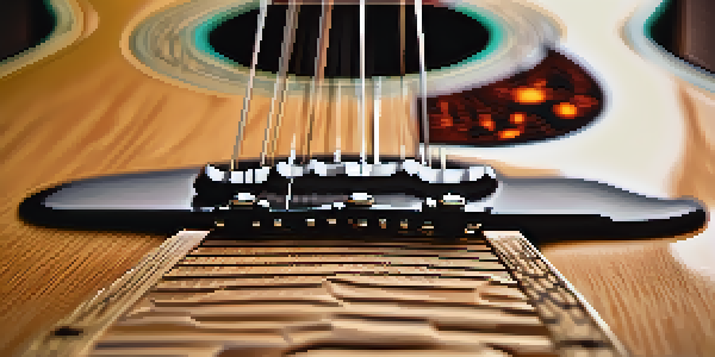 A detailed close-up of a wooden guitar bridge, highlighting its grain and polished surface, with a guitar body blurred in the background.
