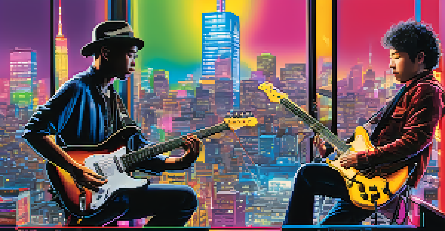 A split view of a musician in New York and another in Tokyo, connected through a digital interface, with vibrant skylines and musical symbols.