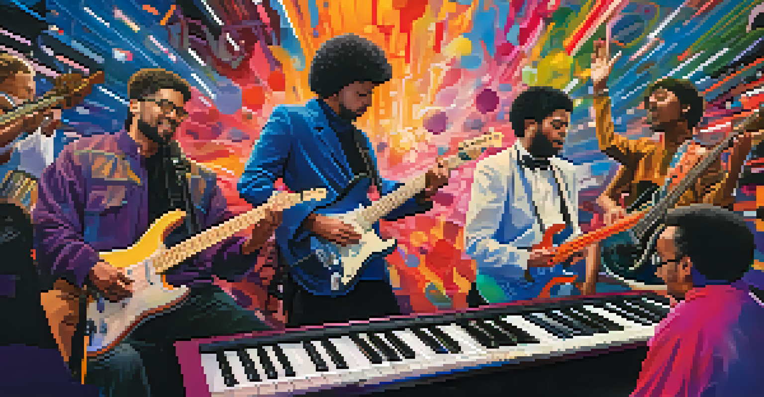 A computer screen showing musicians from different countries jamming together online with vibrant colors and musical notes.