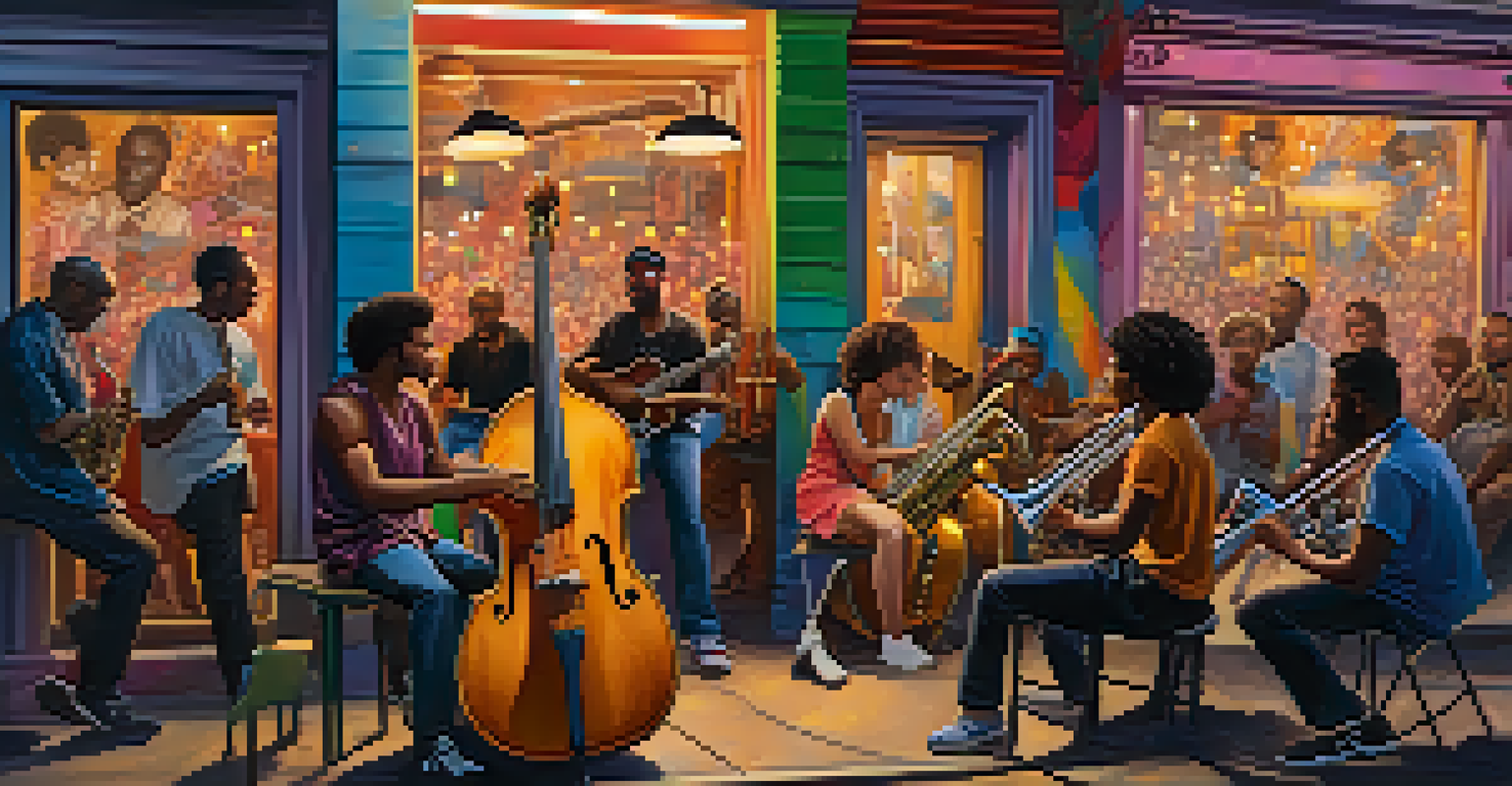 A lively outdoor jam session featuring diverse musicians playing together under fairy lights, with colorful graffiti in the background and an engaged audience.
