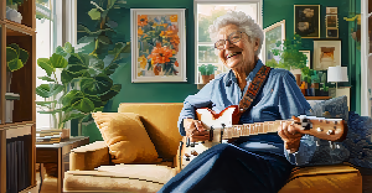 An elderly person happily playing an electric guitar in a bright living room decorated with family photos.
