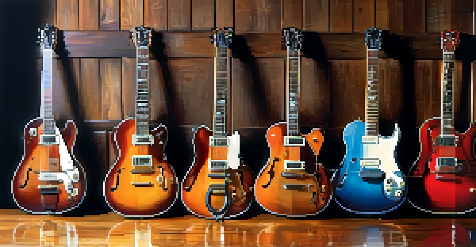 An artistic arrangement of various slide guitars on a wooden table, illuminated by sunlight, showcasing rich colors and textures.