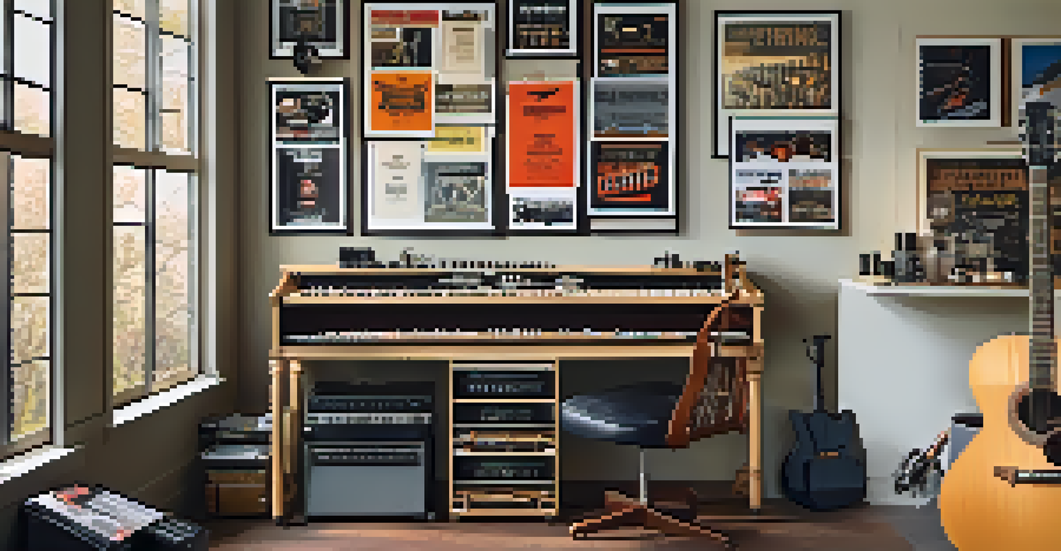 A workspace for guitar maintenance with tools and framed concert posters in the background.