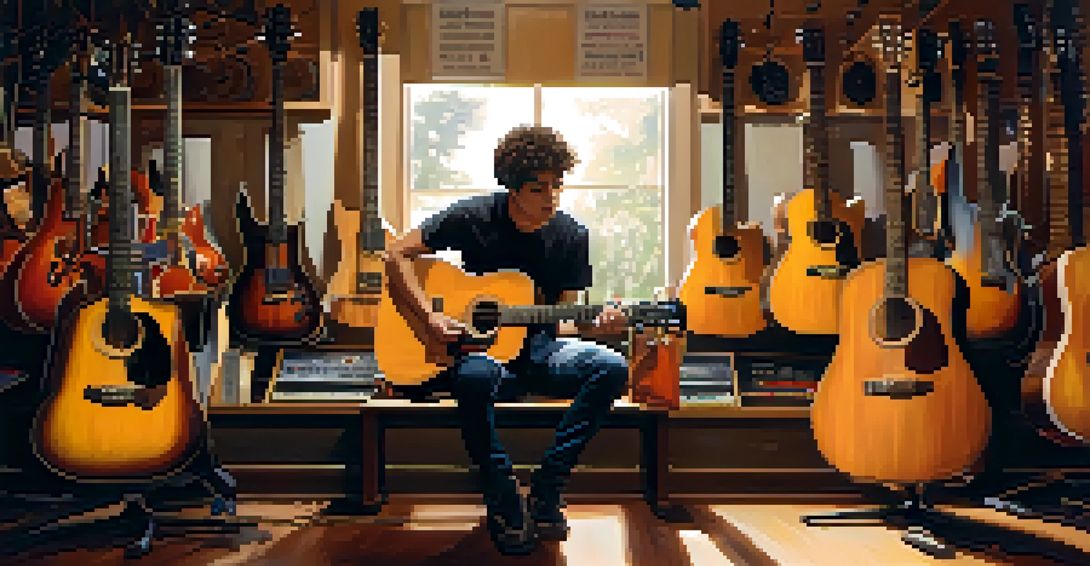 A young musician testing an acoustic guitar in a music store, with various guitars visible in the background.