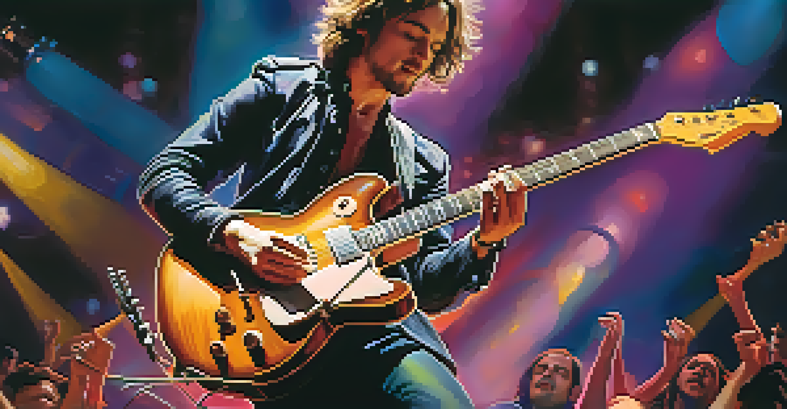 A guitarist performing on stage with colorful lights and a blurred audience.