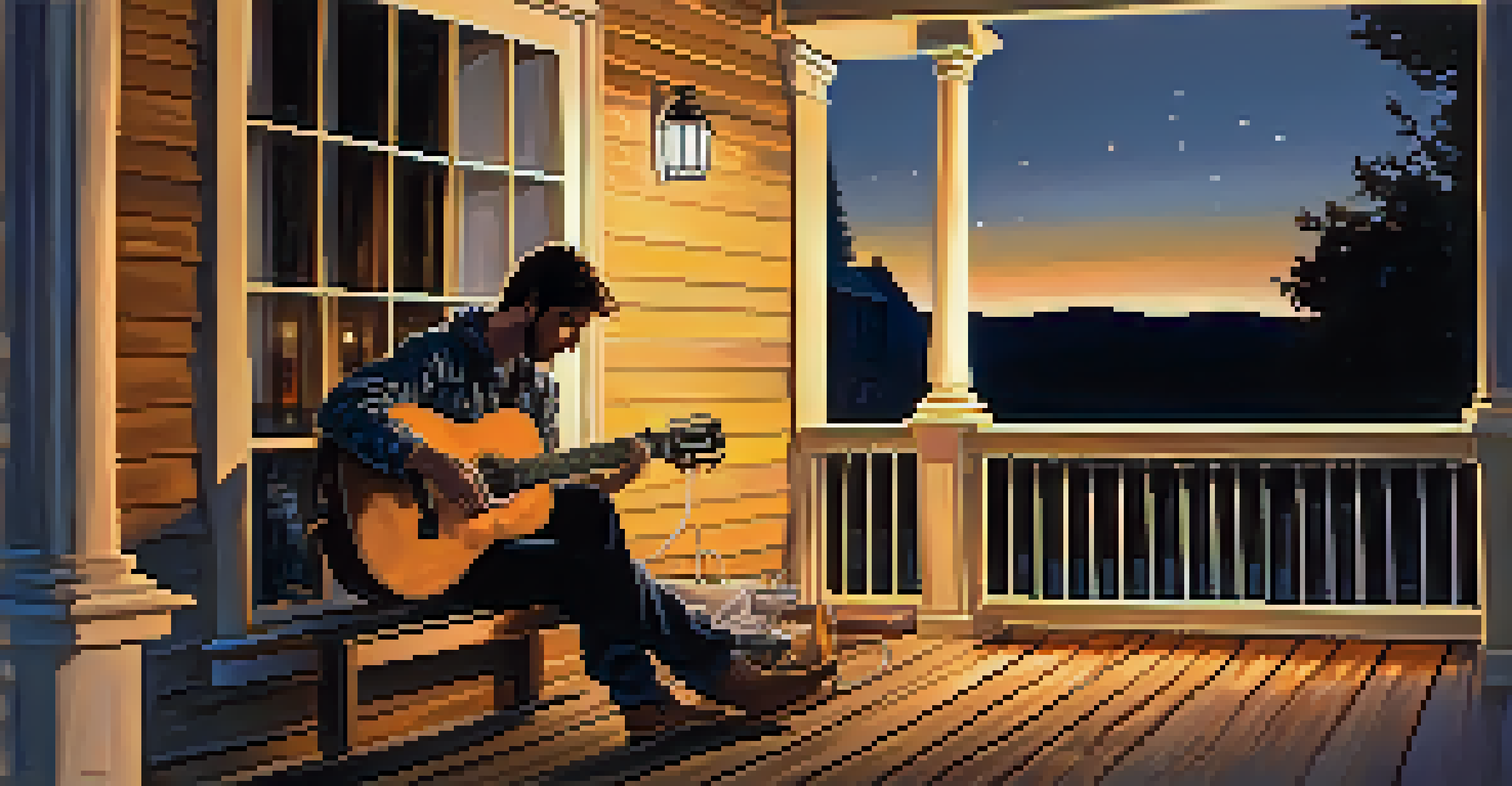 A guitarist on a porch at dusk, strumming an acoustic guitar tuned to open G, with fairy lights and a notepad nearby.