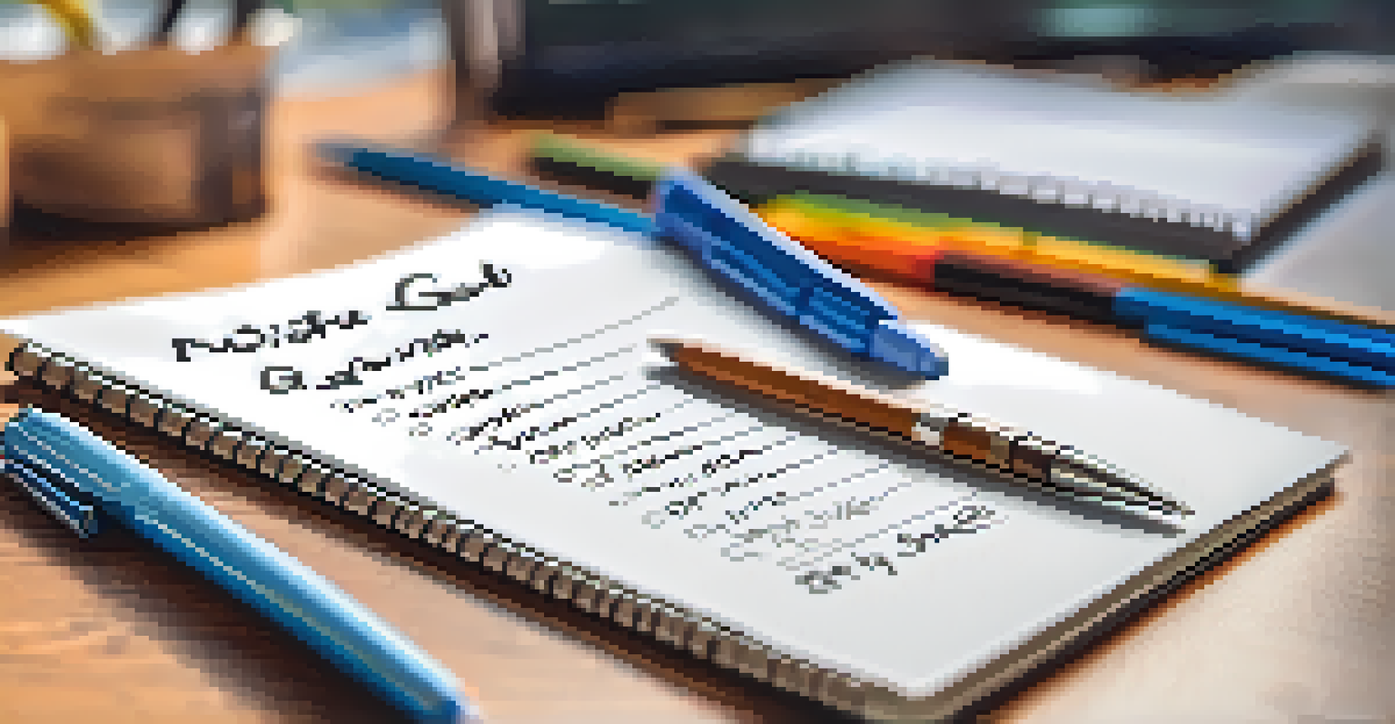 A close-up of a hand writing SMART goals on a notepad, with a blurred office background and a motivational quote in focus behind it.