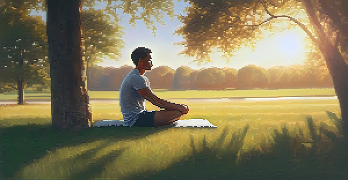An athlete sitting cross-legged in a field, eyes closed, practicing visualization with a sunset background.