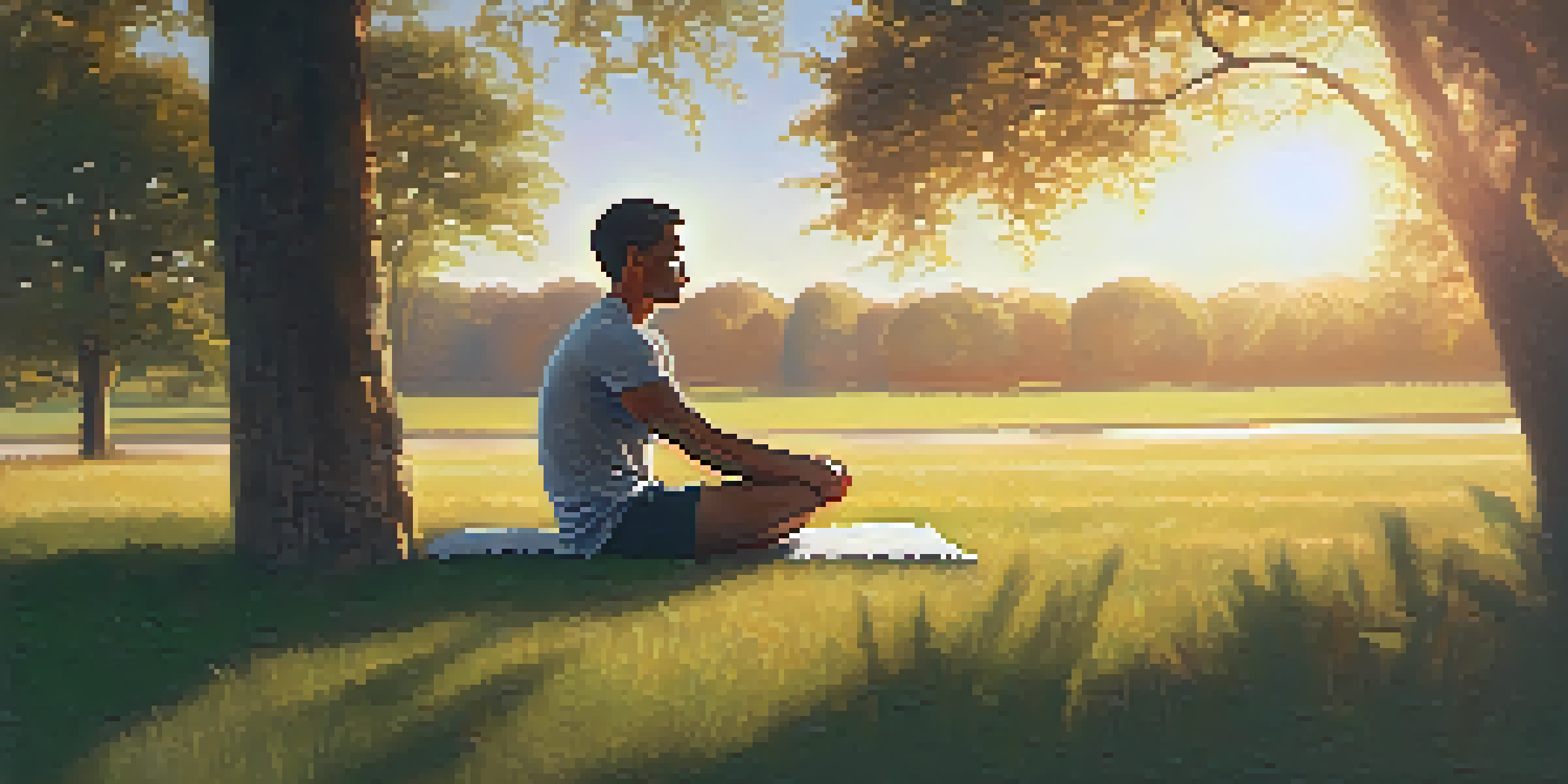 An athlete sitting cross-legged in a field, eyes closed, practicing visualization with a sunset background.