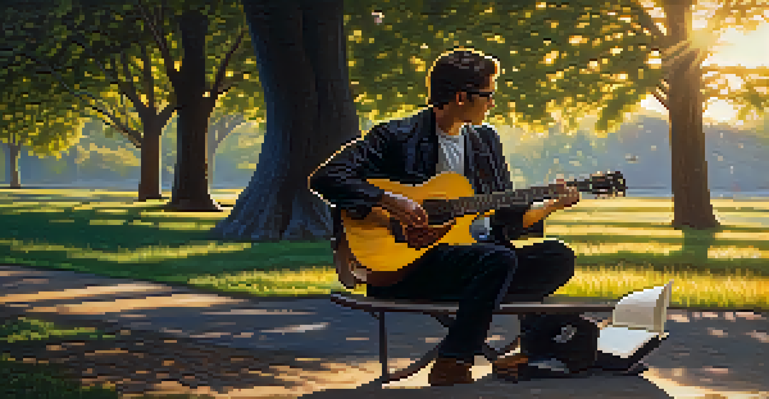 A guitarist in a park at sunset, with a notebook filled with musical notes beside them.