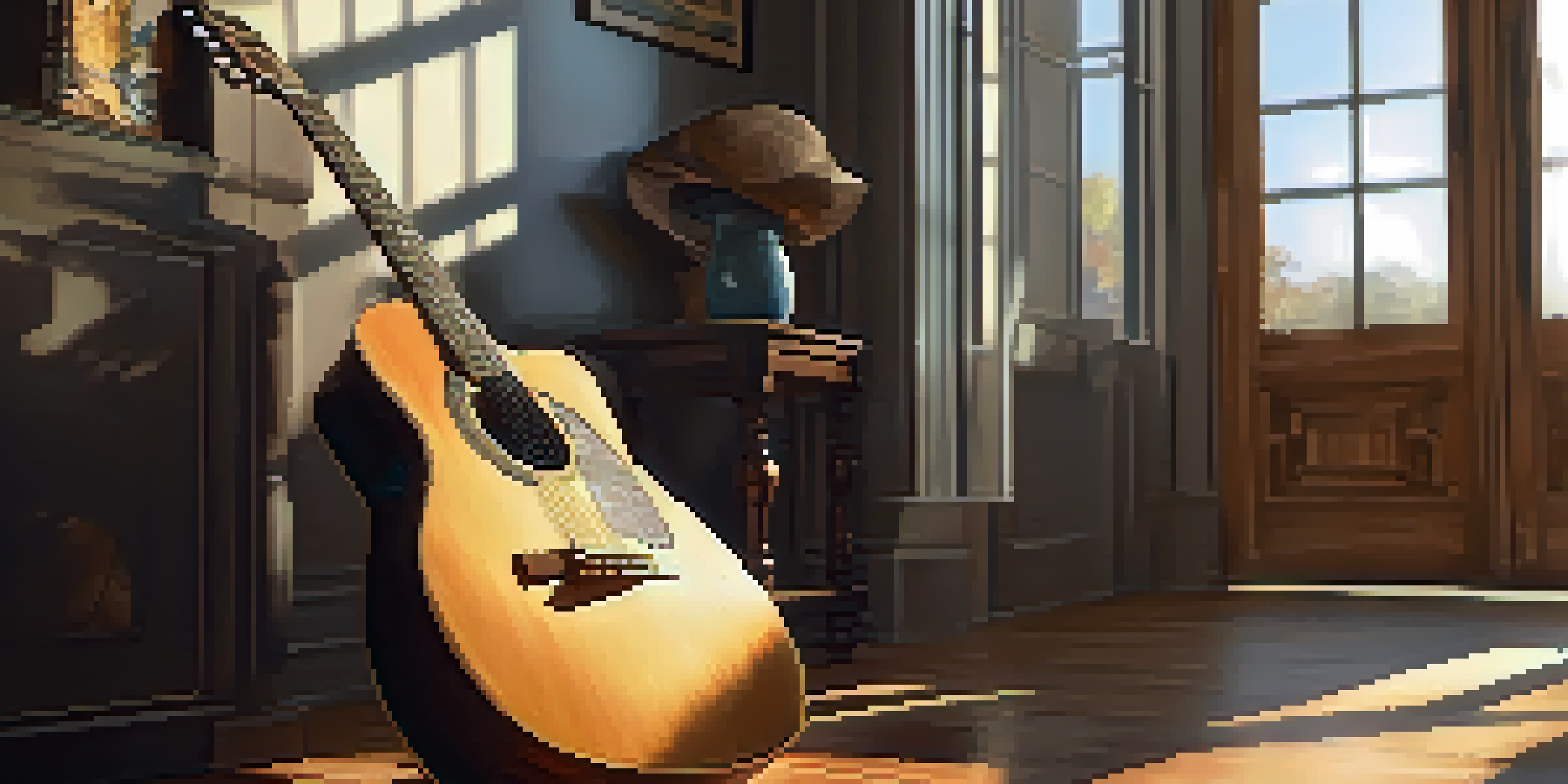 A person playing an acoustic guitar in a sunlit room, with warm light and shadows on the floor.