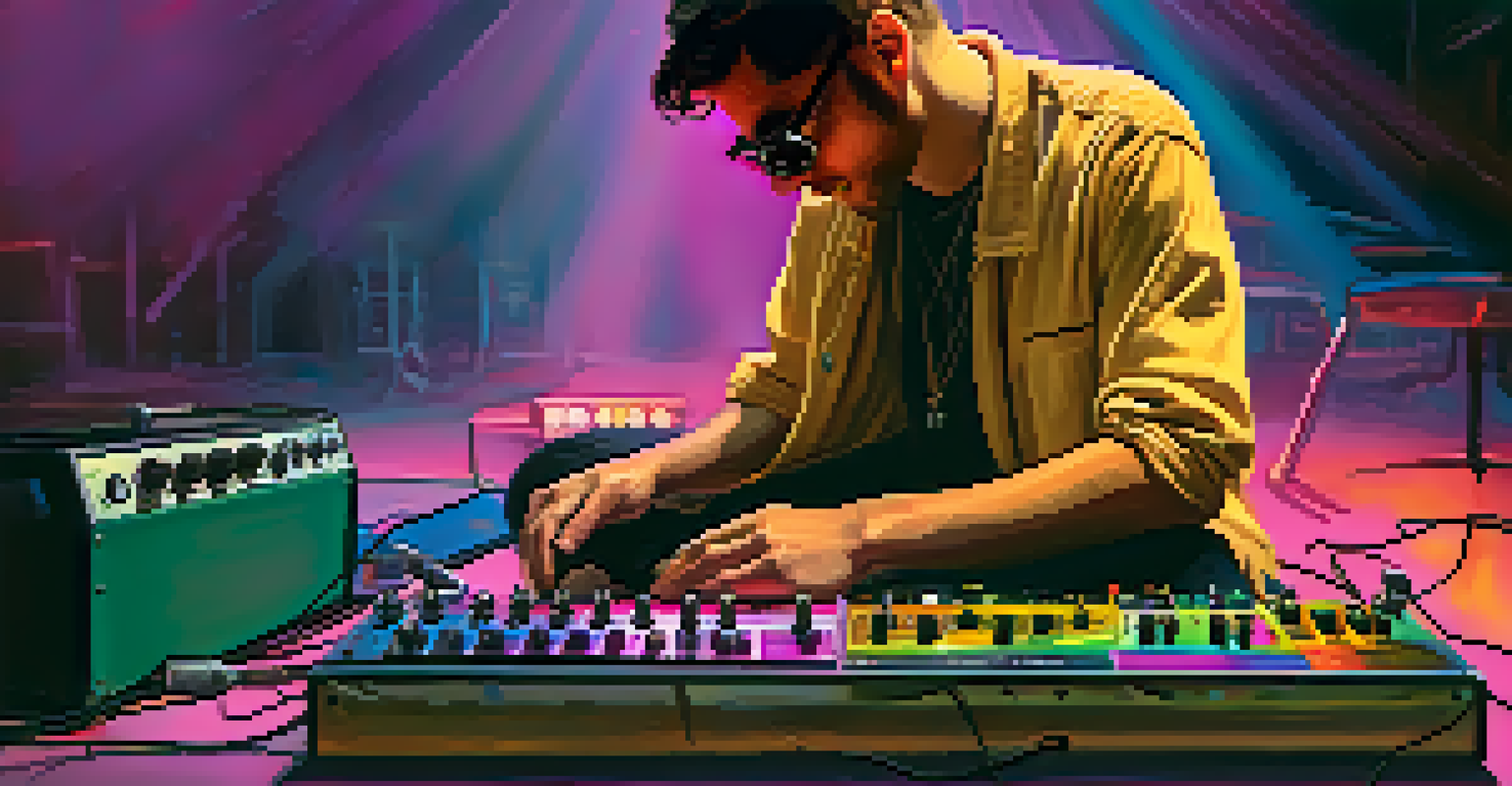 An artist adjusting reverb settings on a digital effects pedal during a live performance, with colorful lighting.