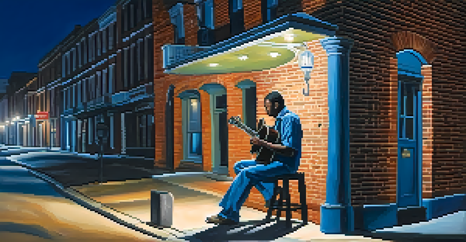 A Blues musician playing guitar under a streetlamp at night, with shadows on a brick wall.