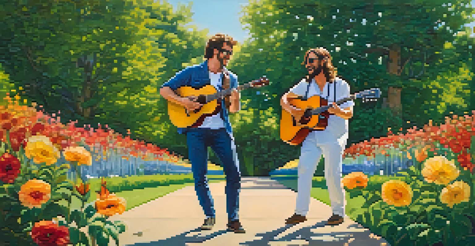 Two guitarists collaborate in a sunny park, surrounded by trees and flowers, sharing a laugh while exchanging musical ideas.