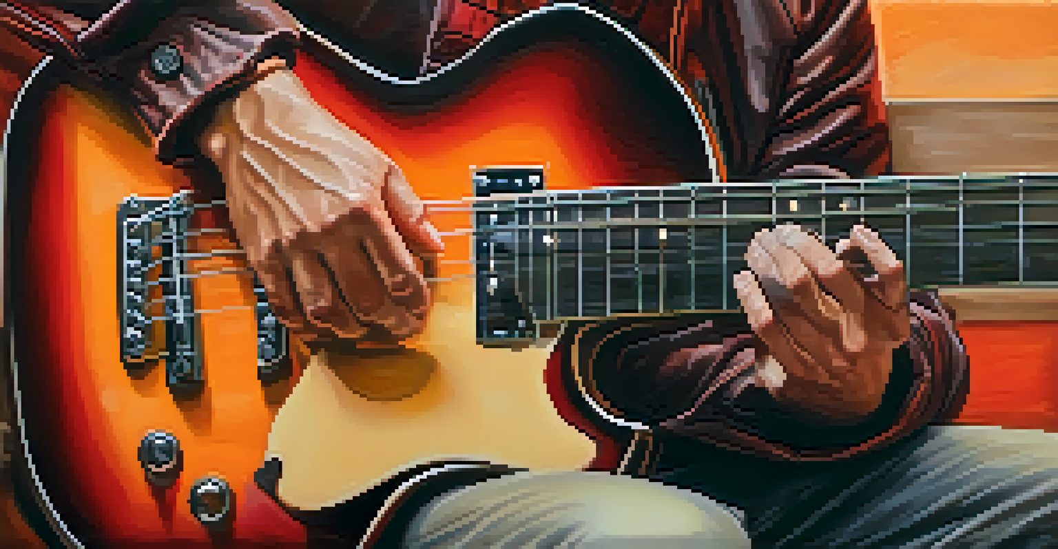 Close-up of a guitarist's hands playing a guitar with a blurred warm background.