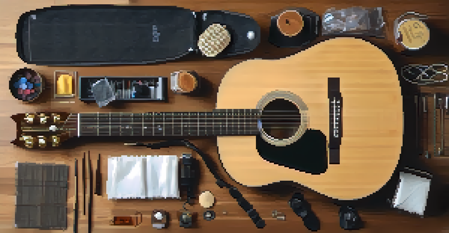 Overhead view of a workspace with guitar accessories and an acoustic guitar, illuminated by natural light.