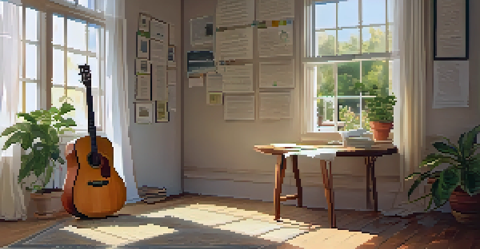 A sunlit room with a table full of lyric notes and an acoustic guitar, creating a warm and inviting atmosphere.