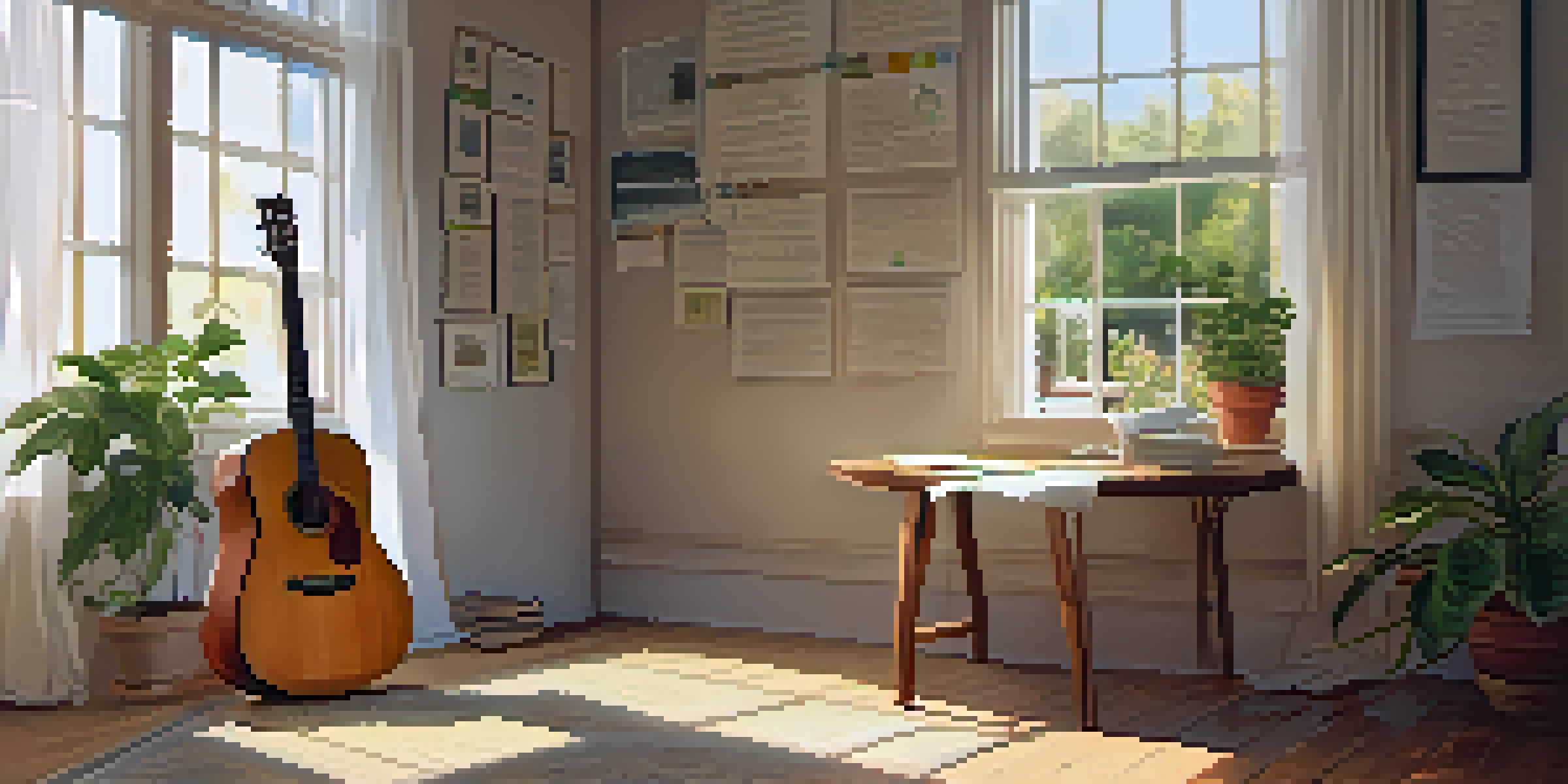 A sunlit room with a table full of lyric notes and an acoustic guitar, creating a warm and inviting atmosphere.