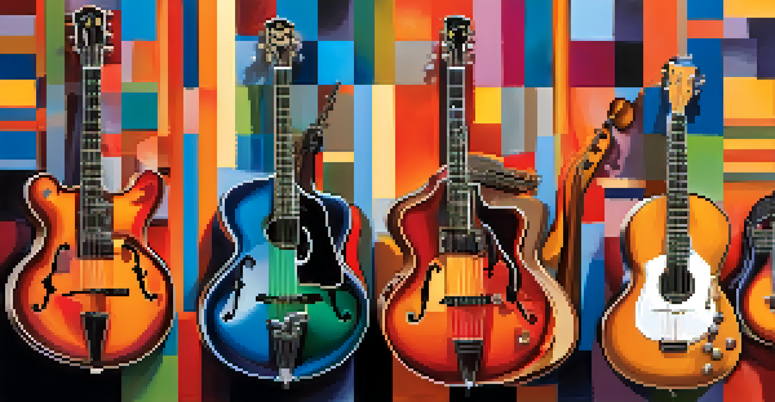 A vibrant collage of different musical genres represented by various instruments with colorful backgrounds.