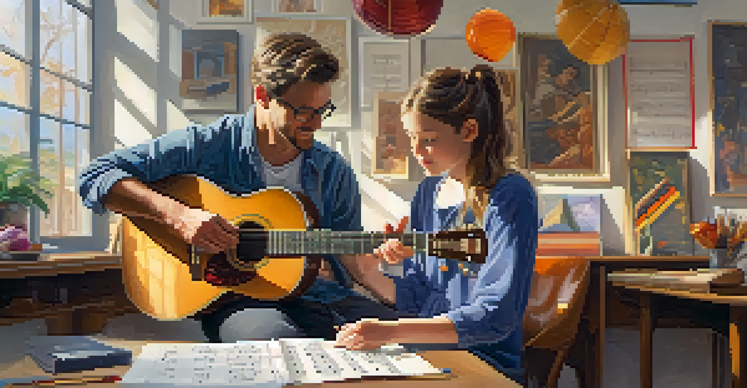 A guitar teacher demonstrating a lesson to a young student in a bright and friendly studio.