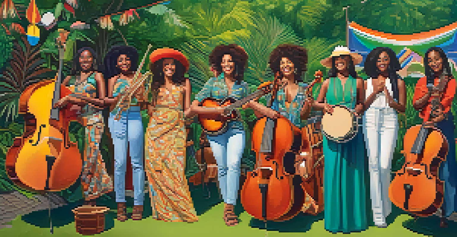 A group of diverse female musicians playing together outdoors at a festival, surrounded by greenery and colorful decorations.