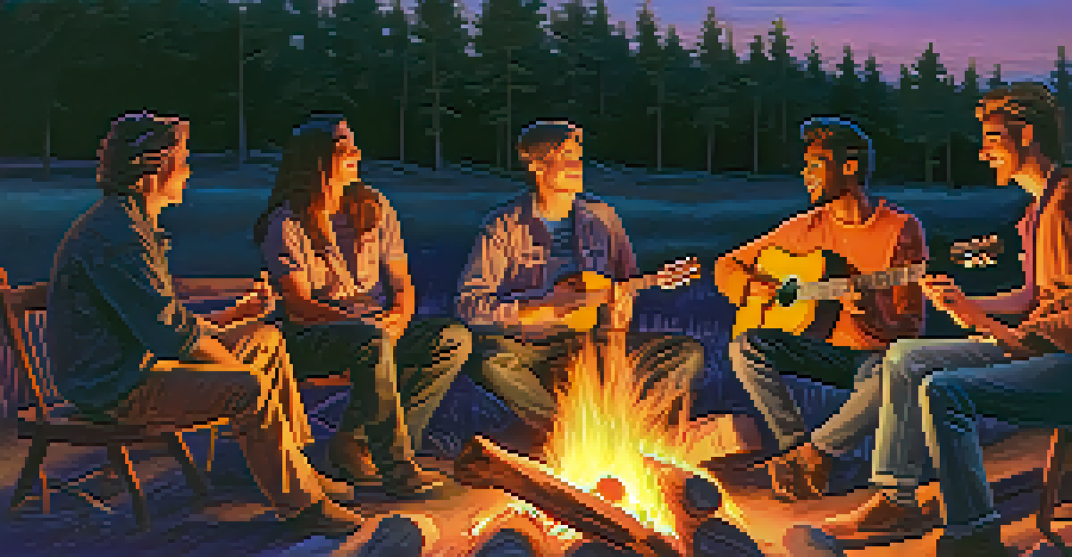 A group of diverse musicians playing guitars around a campfire at dusk, with warm light from the fire and a colorful sunset sky.