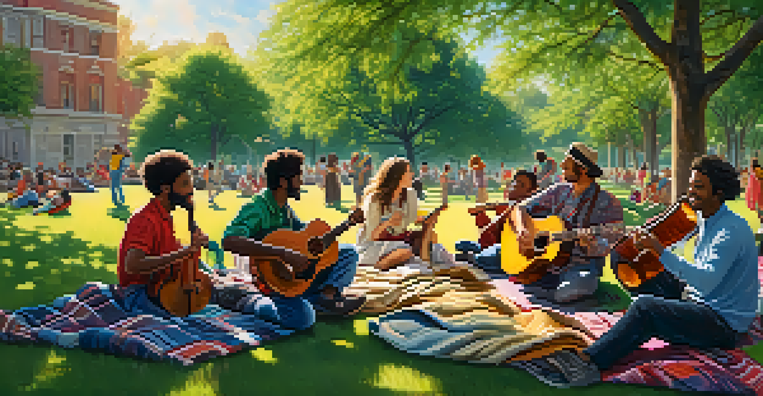 A group of musicians jamming in a sunny park, surrounded by greenery and colorful blankets.