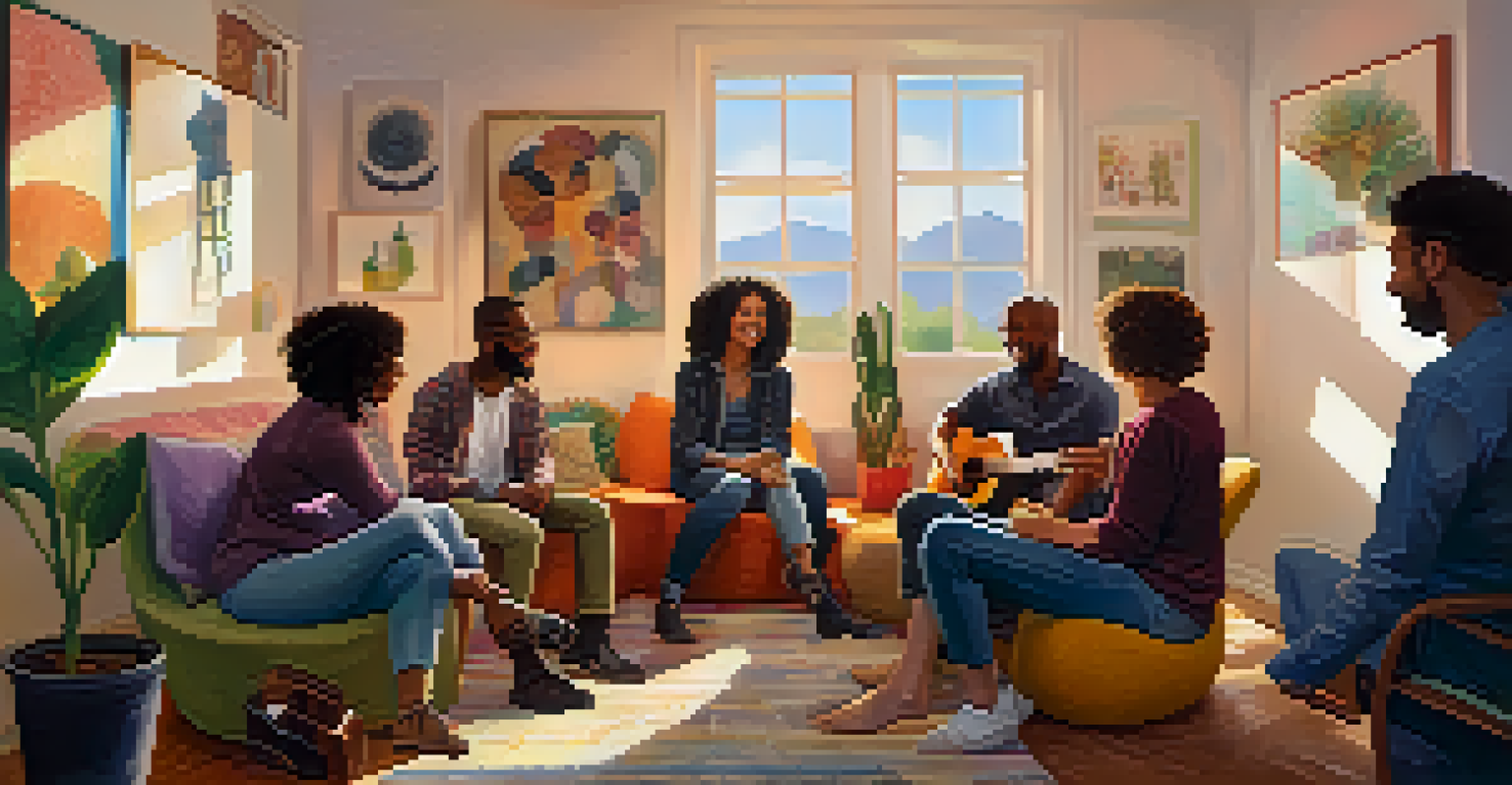 A group of individuals in a circle, each holding a guitar, participating in a therapy session in a bright room.