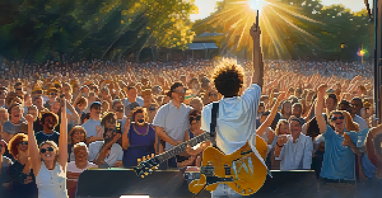 A guitarist performing on stage with a lively audience, bathed in sunlight.