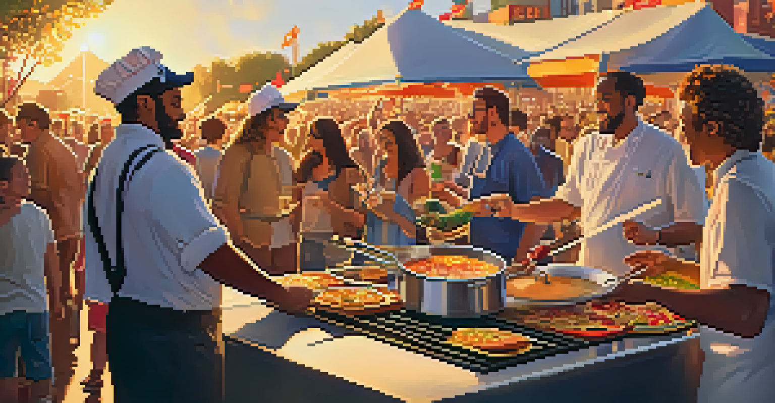 An outdoor festival featuring a chef cooking and a guitarist playing, with a diverse crowd enjoying the ambiance.