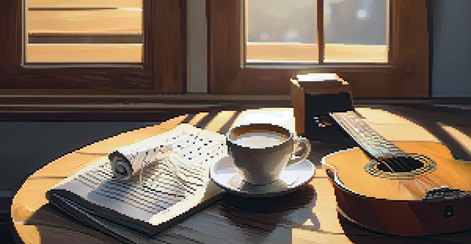 A flat lay of a guitar, sheet music, and coffee on a wooden table, with sunlight creating a cozy atmosphere.