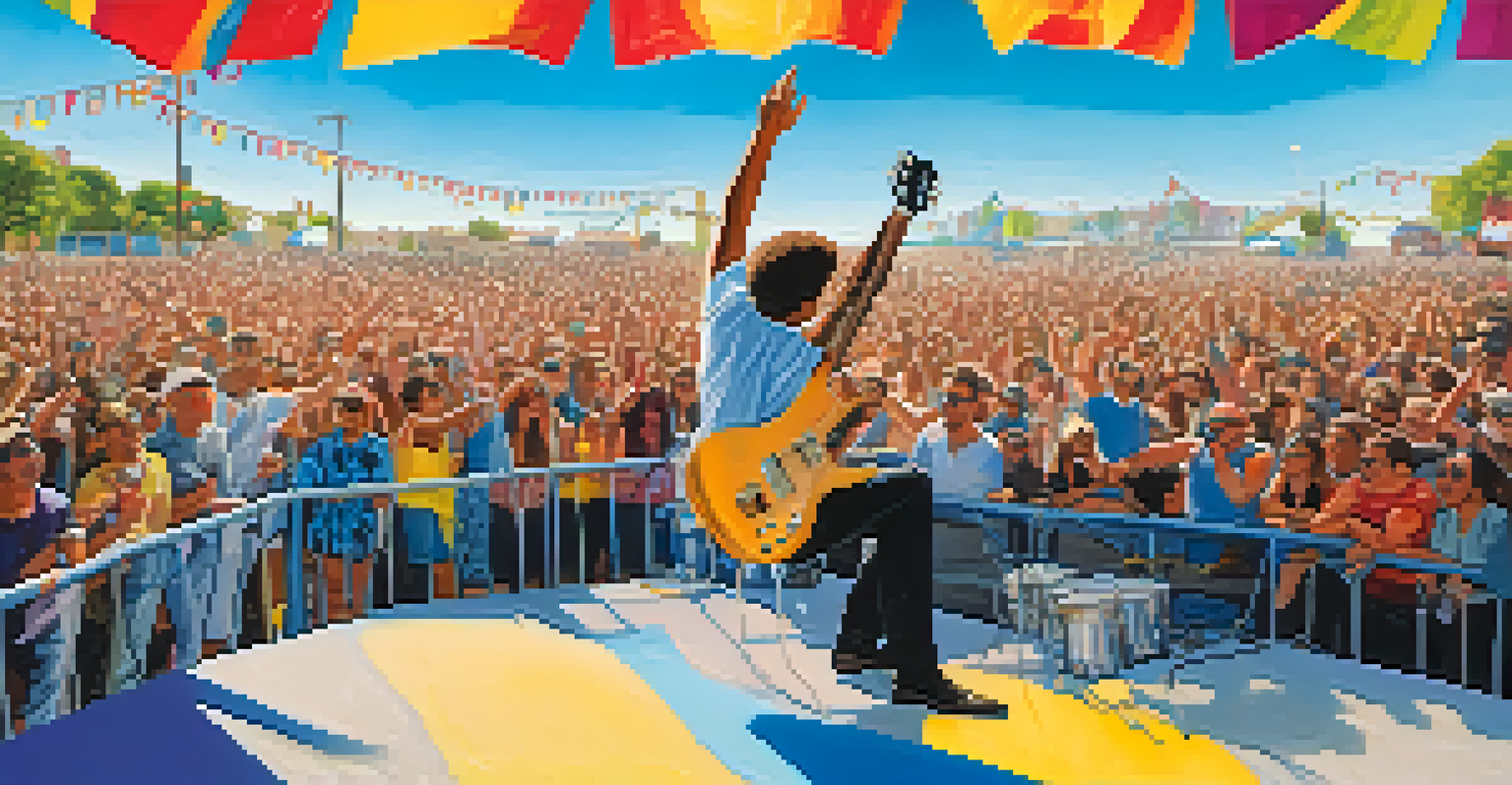 A lead guitarist performing at an outdoor concert with a clear blue sky and an enthusiastic audience.