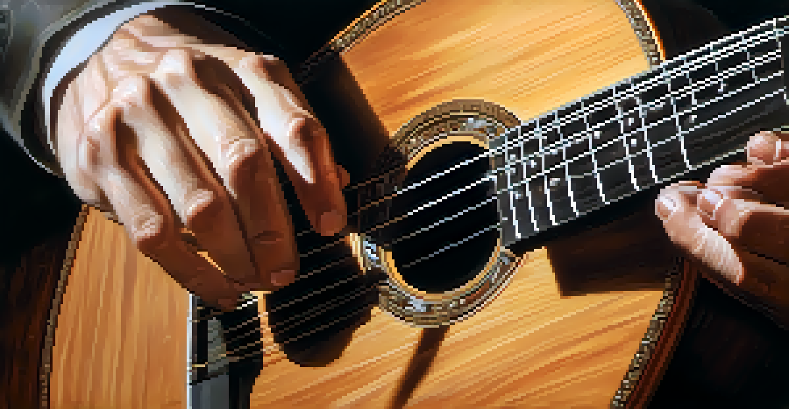 Close-up of hands playing a classical guitar, showcasing the instrument's intricate details.