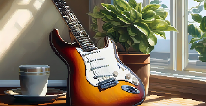A close-up of an electric guitar resting on a wooden table, illuminated by sunlight with a plant nearby.