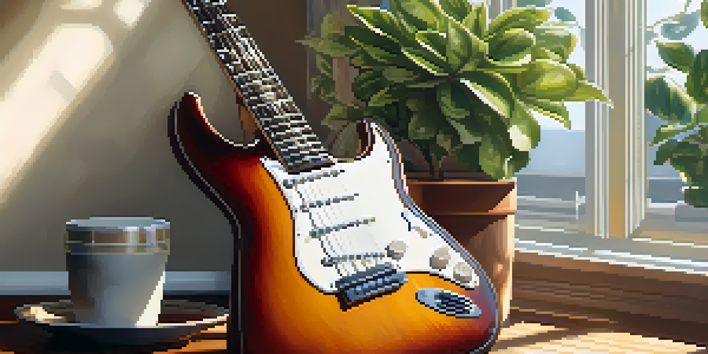 A close-up of an electric guitar resting on a wooden table, illuminated by sunlight with a plant nearby.
