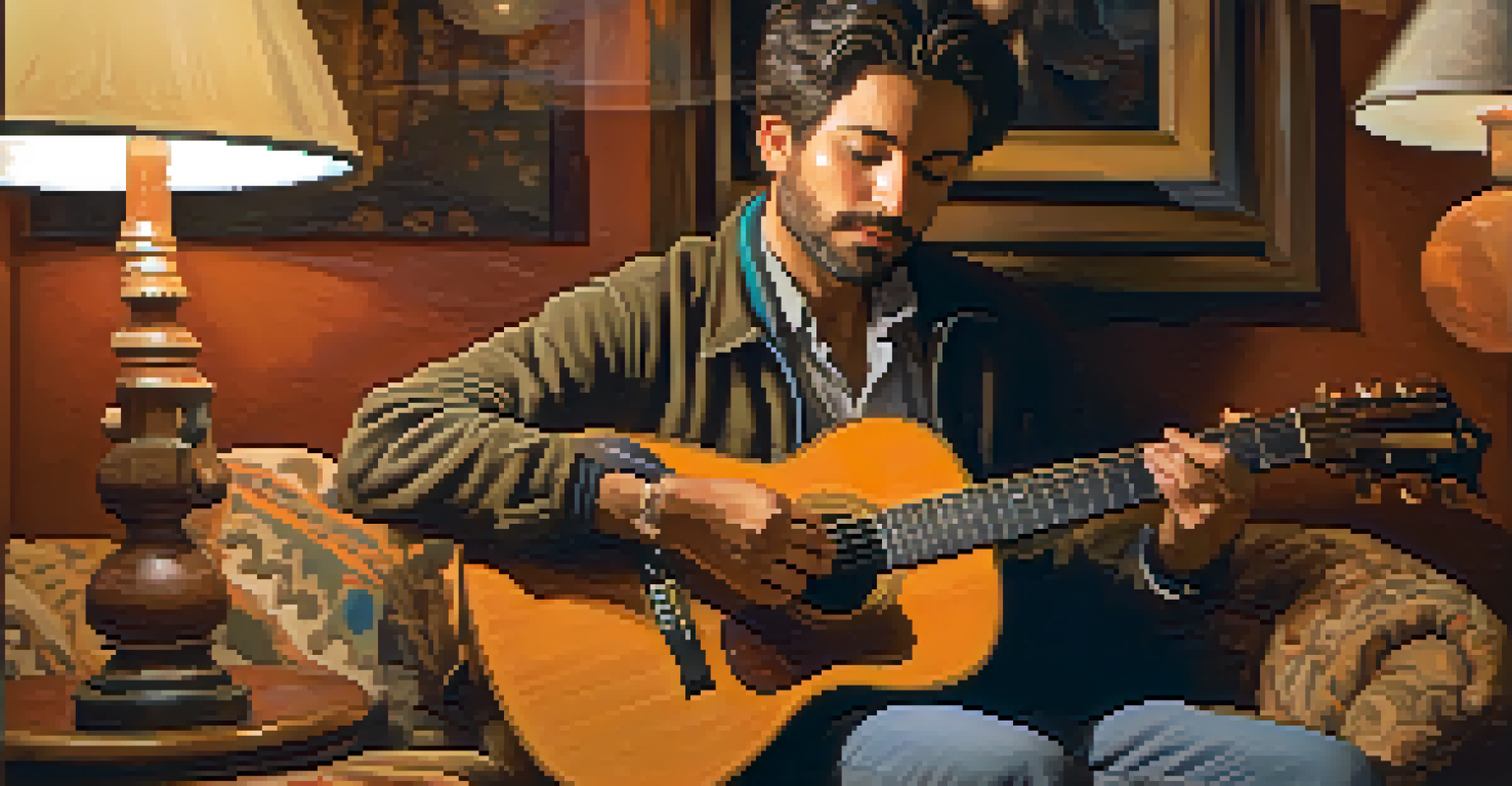 An intimate portrait of a folk musician playing guitar in a cozy setting, illuminated by warm lighting.