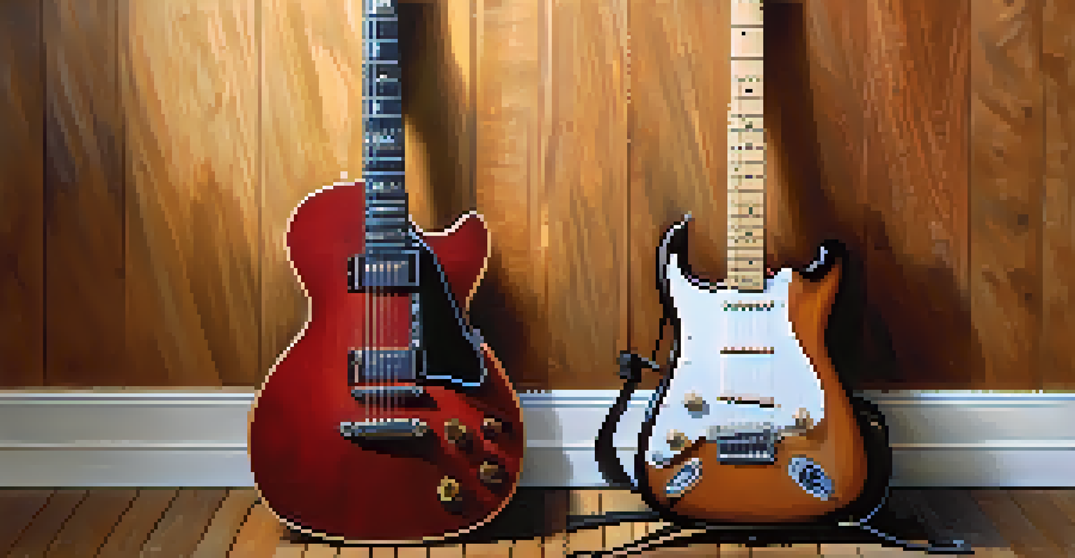 A split image of an acoustic guitar and an electric guitar on a wooden floor, showcasing their textures.