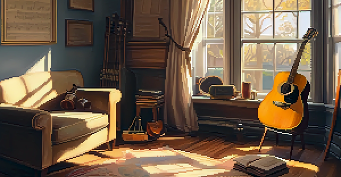 A sunlit room with an acoustic guitar, vintage armchair, and an open notebook with handwritten lyrics, creating a cozy and creative atmosphere.