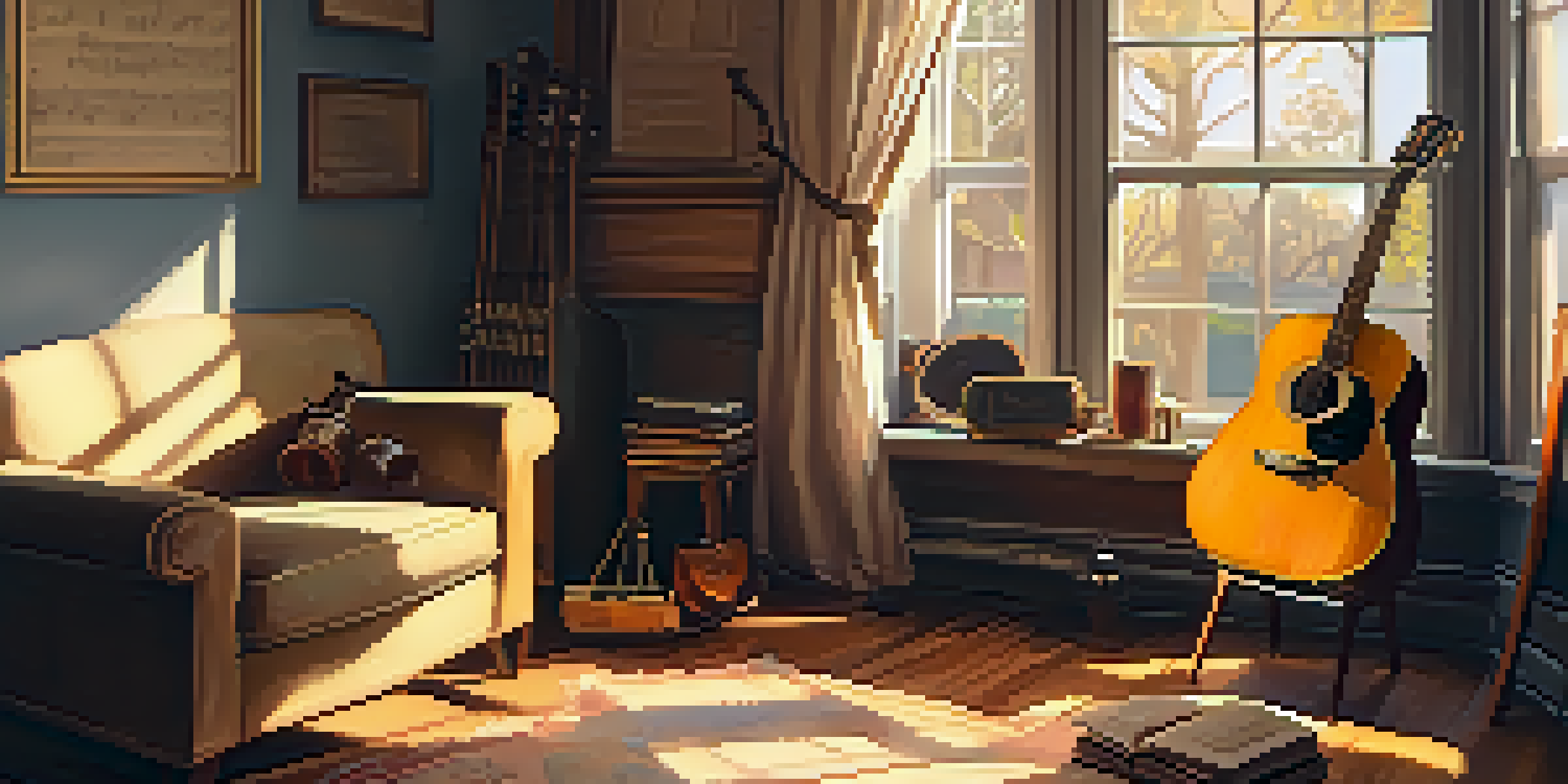 A sunlit room with an acoustic guitar, vintage armchair, and an open notebook with handwritten lyrics, creating a cozy and creative atmosphere.