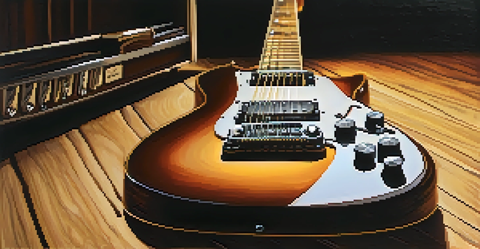 A close-up image of an electric guitar on a wooden stage, softly lit, with blurred audience silhouettes in the background.