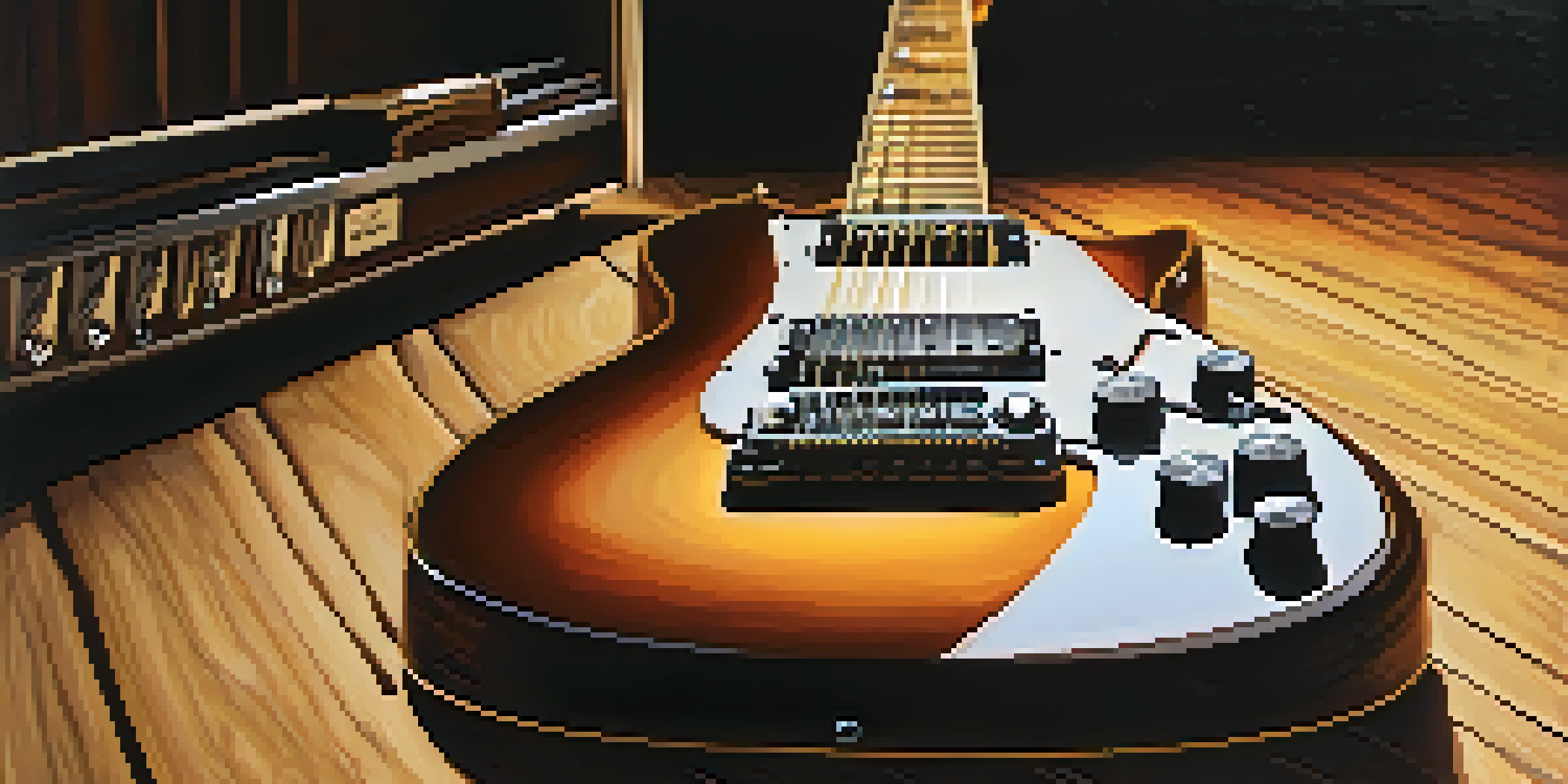 A close-up image of an electric guitar on a wooden stage, softly lit, with blurred audience silhouettes in the background.